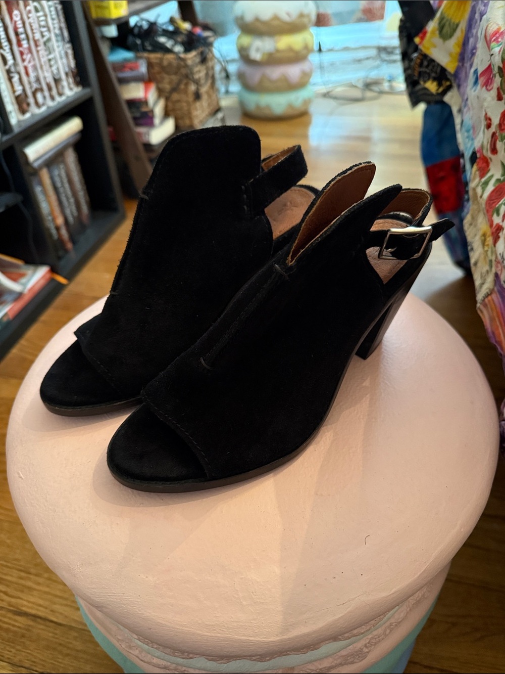 Frye Women's Black Suede Open-Toe Slingback Heels